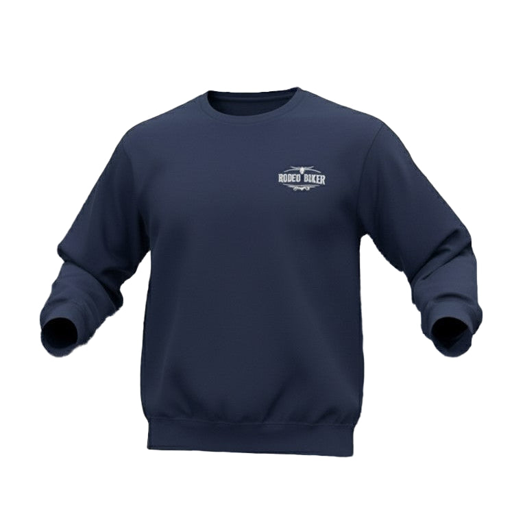 Image of Navy blue sweatshirt with a logo on a white background