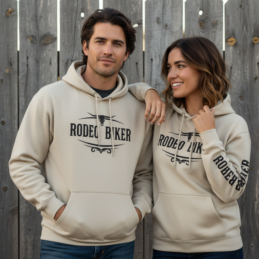 Image of Beige hoodie with 'Rodeo Biker' text and design on a white background