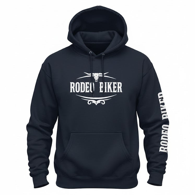 Image of Black hoodie with 'Rodeo Biker' text and logo on a white background