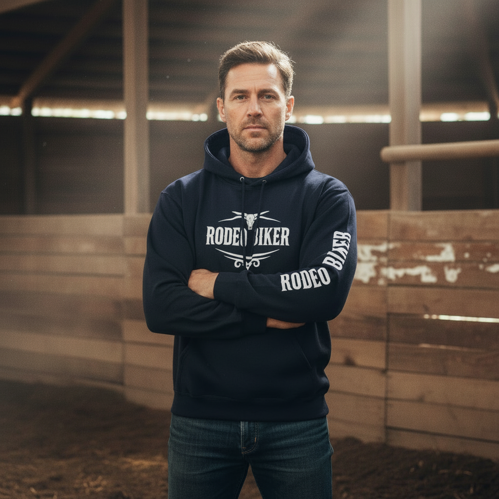 Image of Man wearing a black hoodie with 'Rodeo Jiker' branding in an indoor setting.