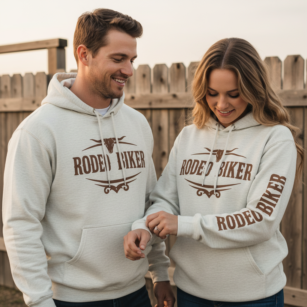Image of Beige hoodie with 'Rodeo Biker' text and logo on a white background