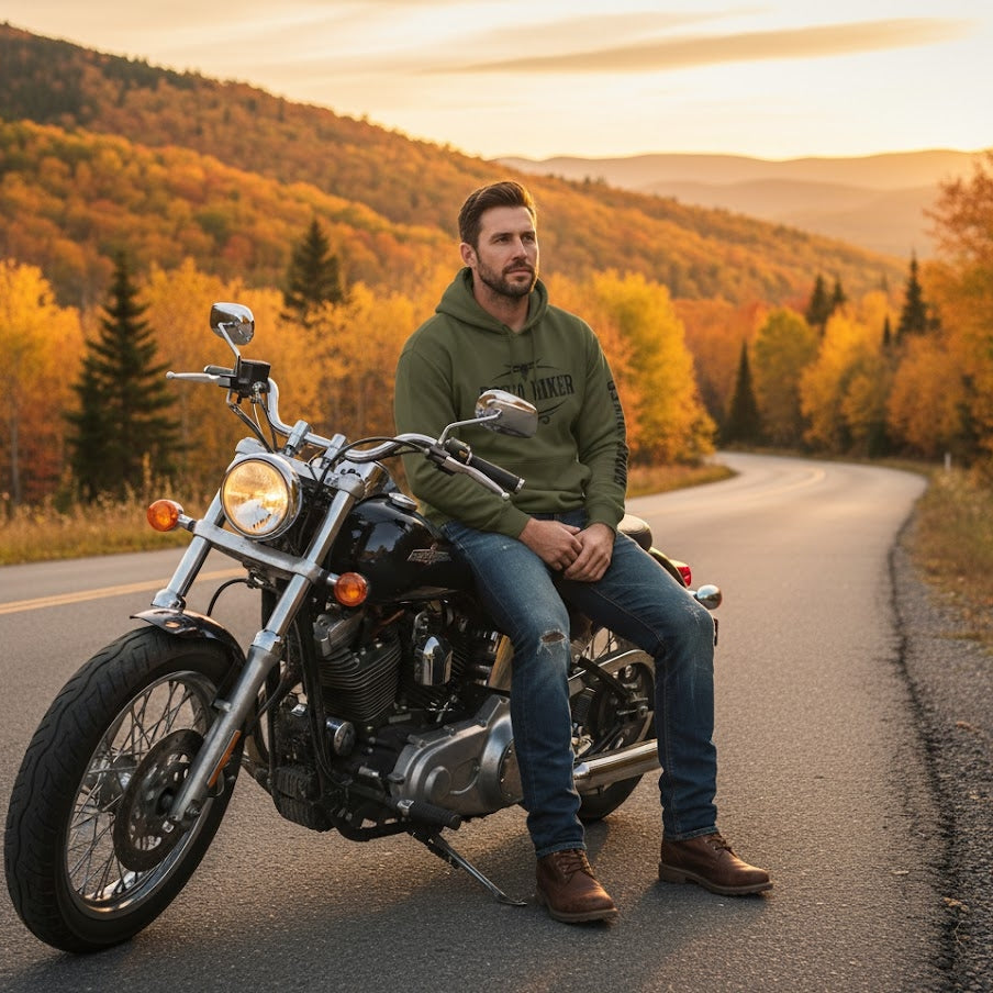 Image of Man sitting on a motorcycle on a scenic road with autumn foliage