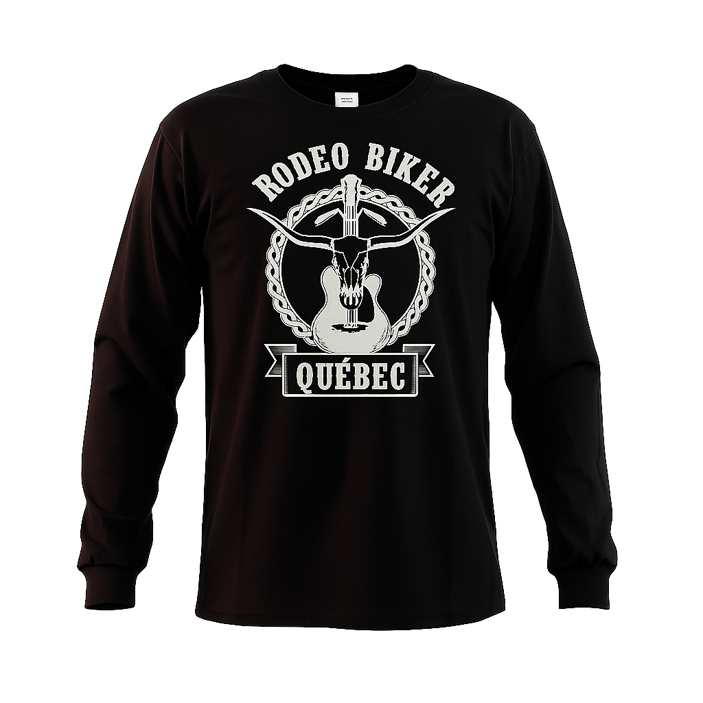 Image of Black long-sleeve shirt with 'Rodeo Biker Québec' graphic on a white background