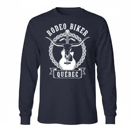 Image of Navy blue long-sleeve shirt with white graphic and text on a white background
