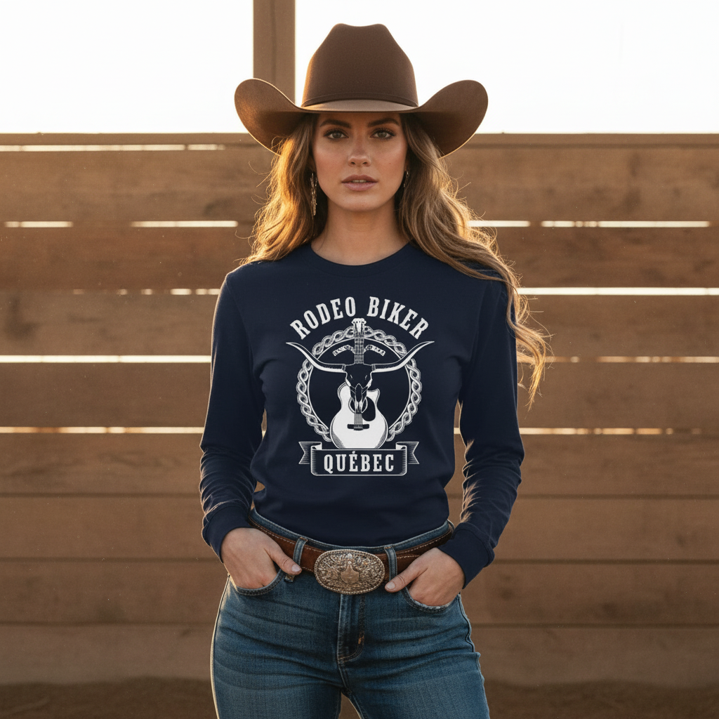 Image of Woman wearing a cowboy hat and a dark blue sweatshirt with text and graphics, standing on a desert road.