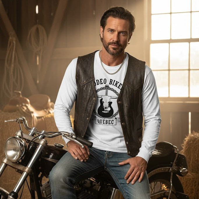 Image of Man sitting on a motorcycle in a rustic setting with a window in the background