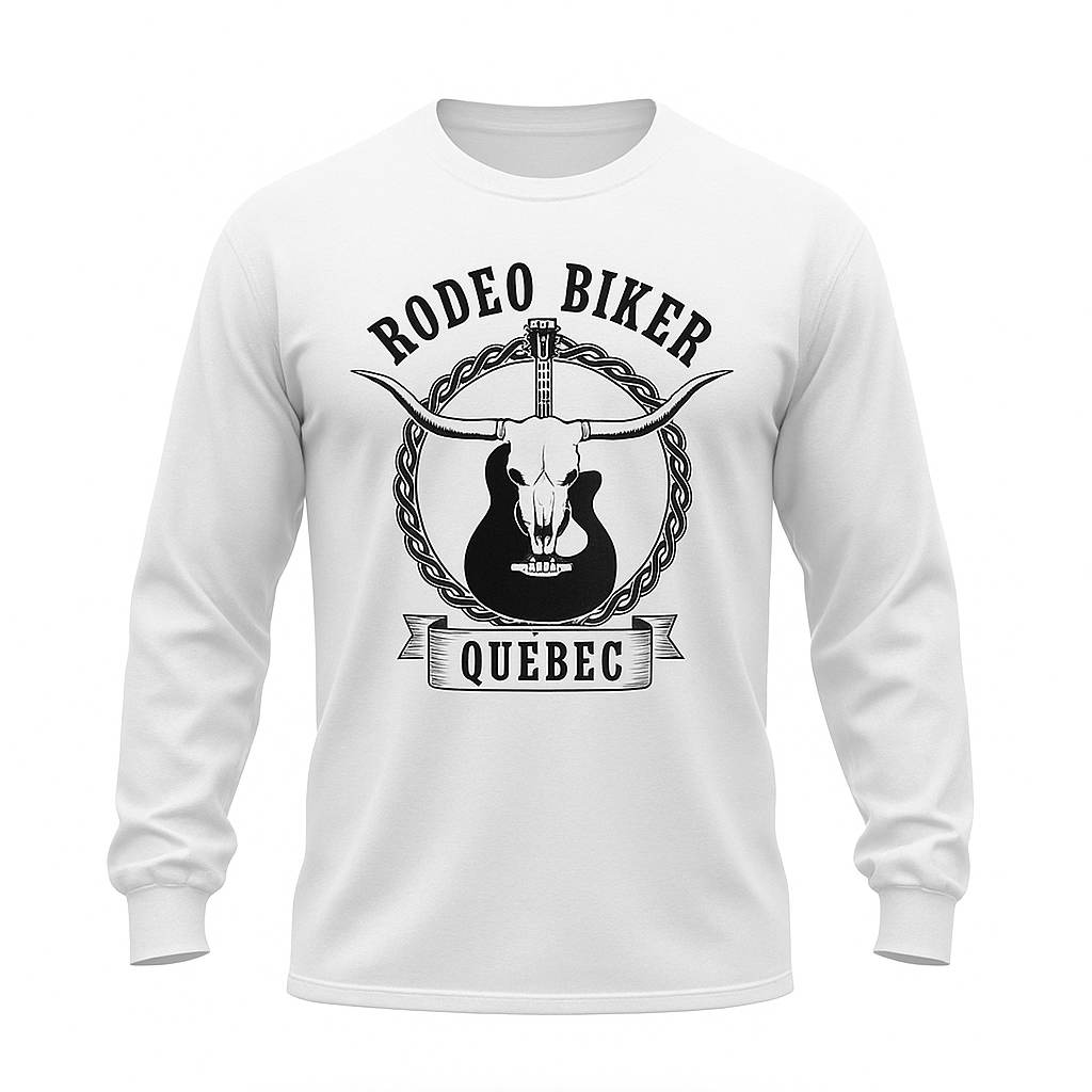 Image of White long-sleeve shirt with 'Rodeo Biker Quebec' design on a white background