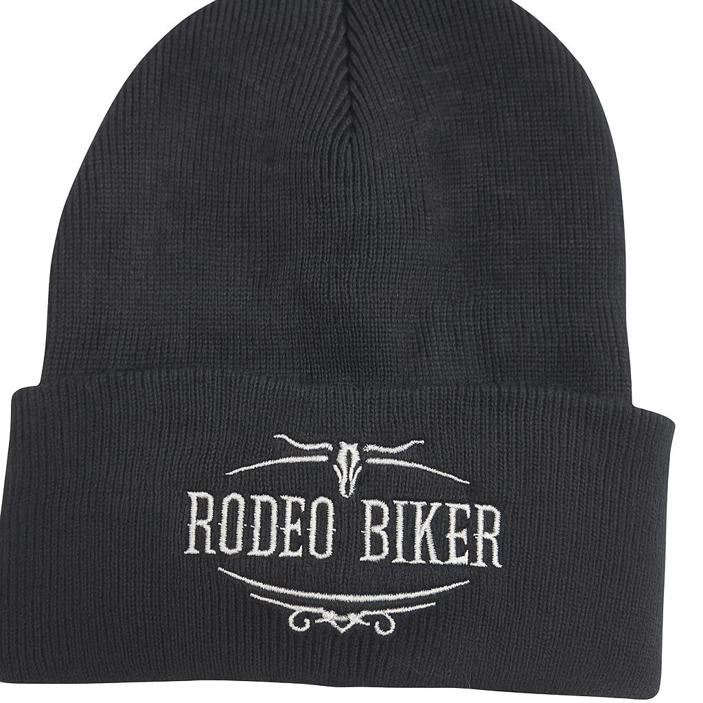 Image of Black beanie with 'Rodeo Biker' text and design on a white background