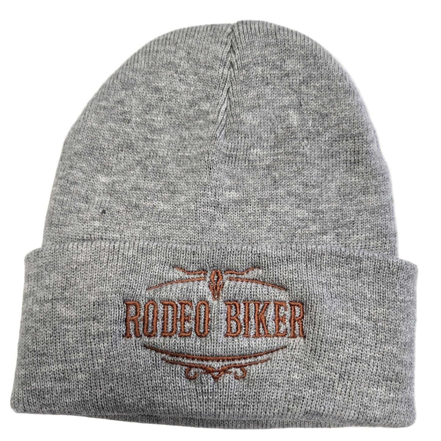 Image of Gray beanie with 'Rodeo Biker' embroidery on a white background