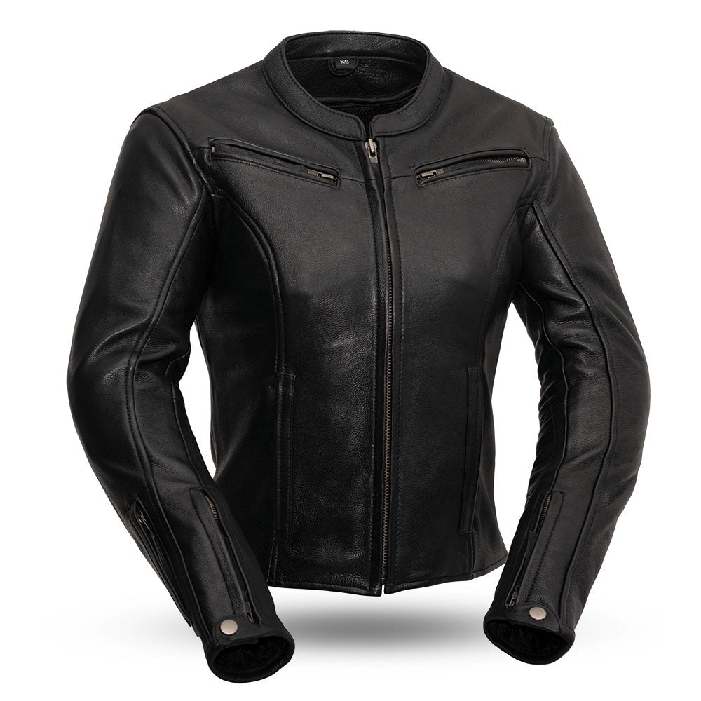 Image of Black leather jacket on a white background
