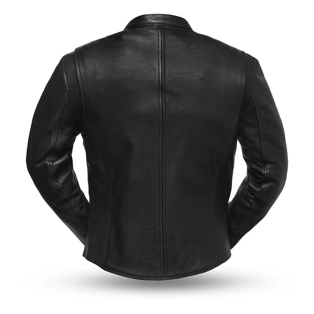 Image of Black leather jacket shown from the back on a white background
