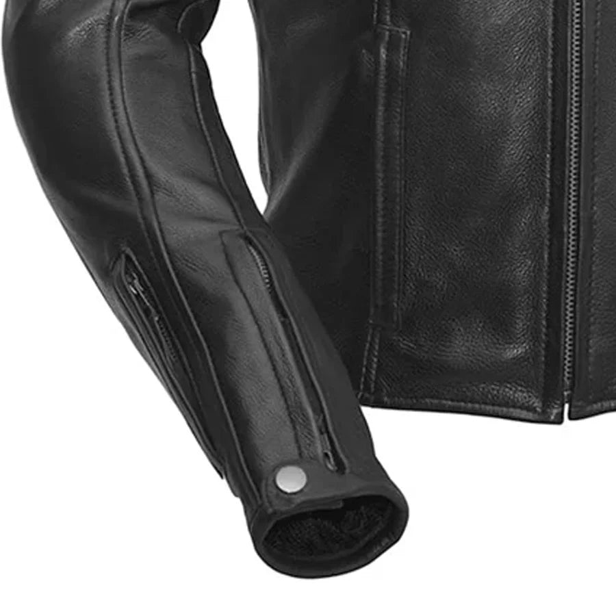 Image of Close-up of a black leather jacket with a zipper detail on a white background