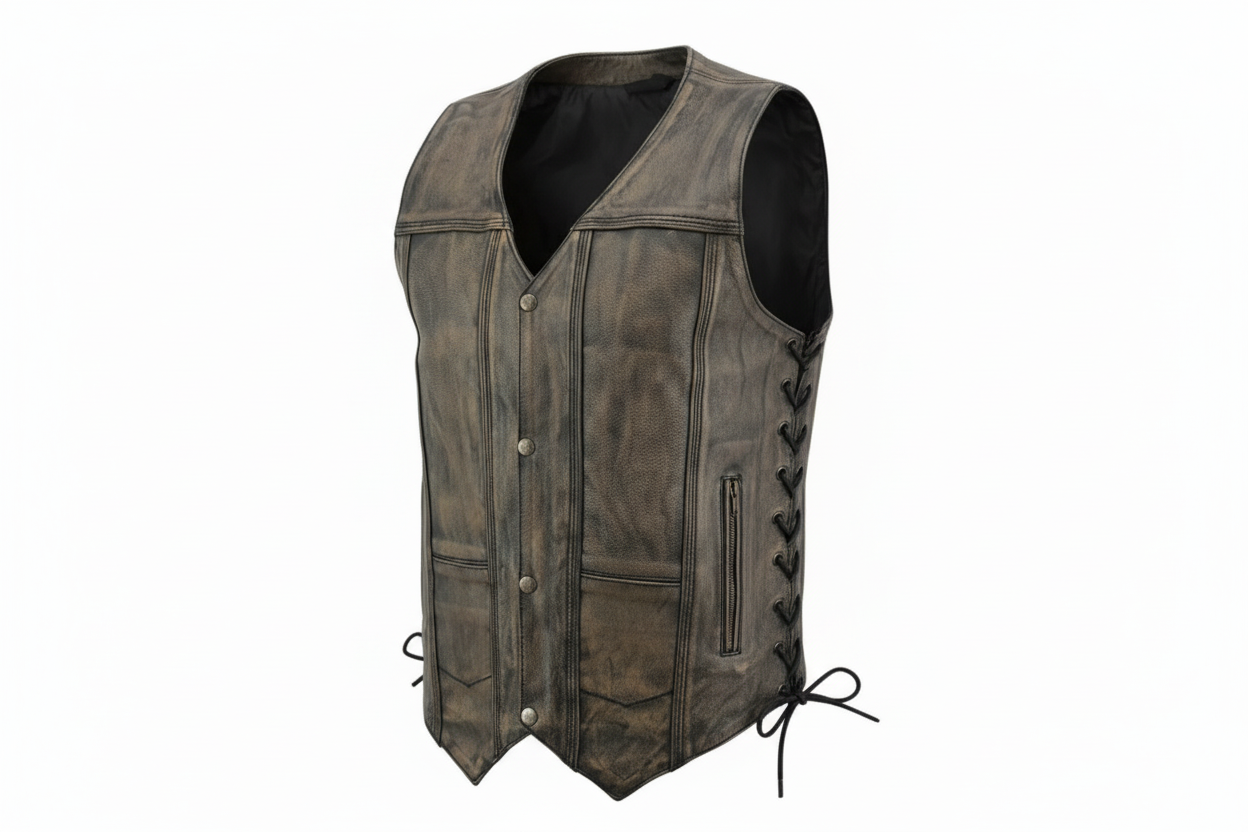Image of Brown leather vest with lace-up front on a white background
