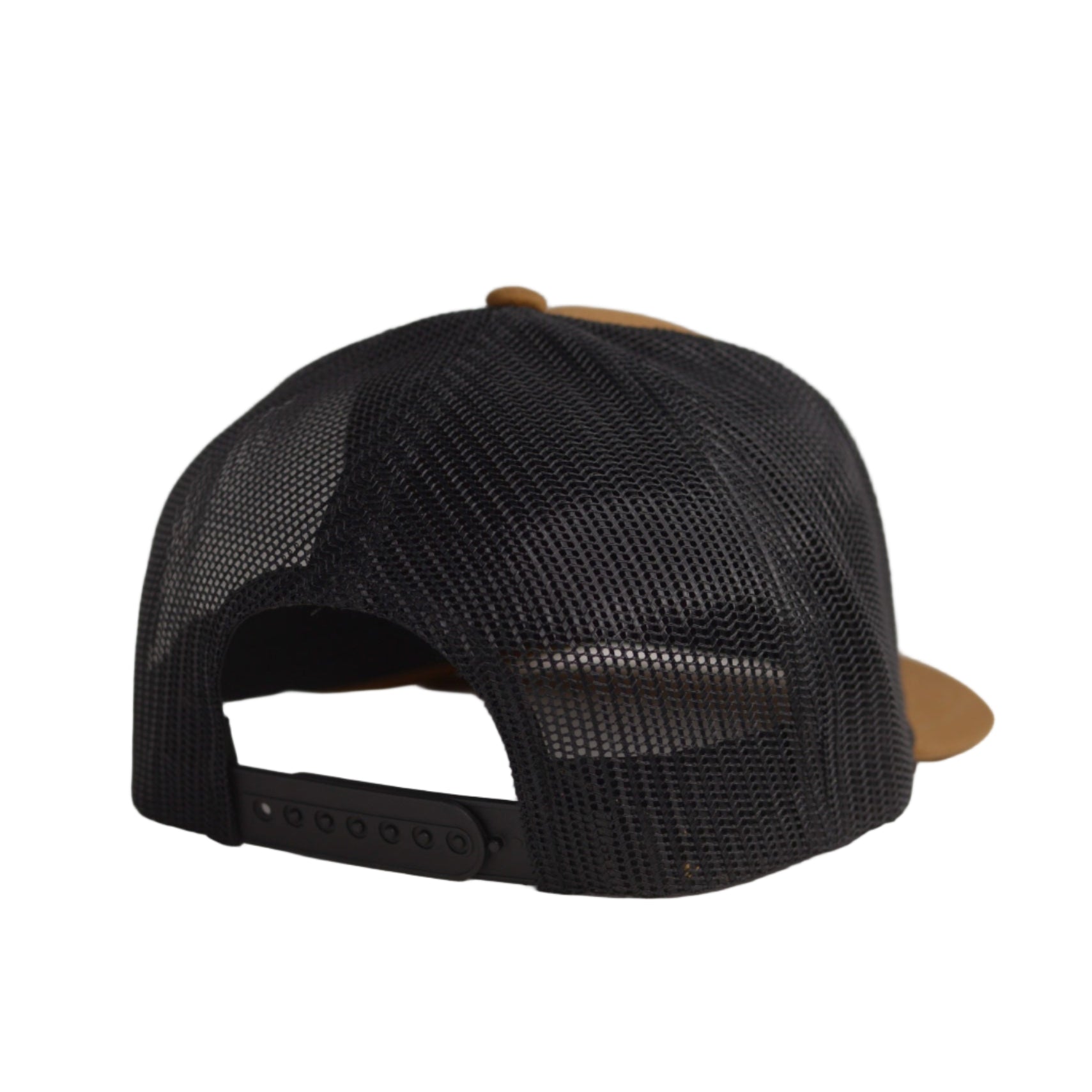 Image of Black mesh cap with brown visor on a light gray background