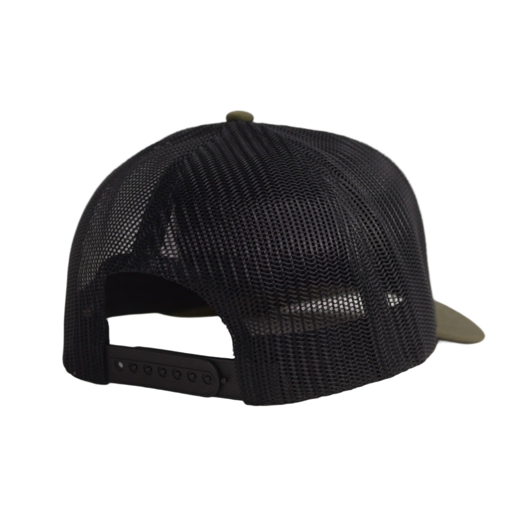 Image of Black mesh cap with green bill on a gray background