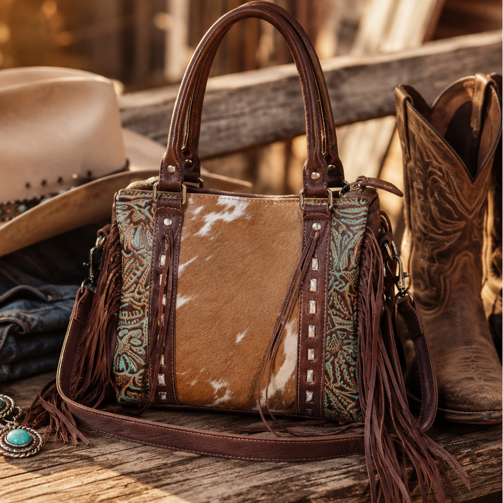 Image of Hair-On Leather Western Fringe Tote Bag