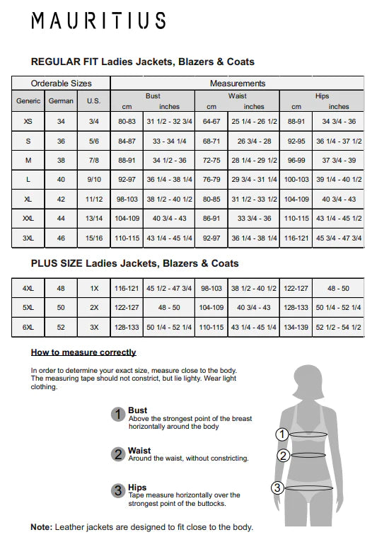 Image of Size chart for the Bika RF Leather Jacket - Black - Women 