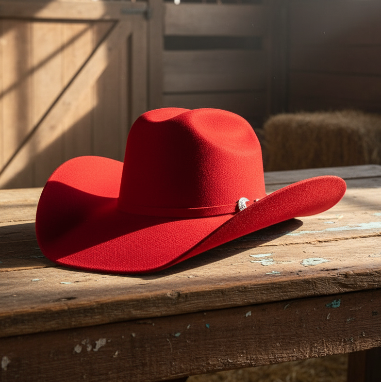 Image of Red cowboy hat with a band on a white background