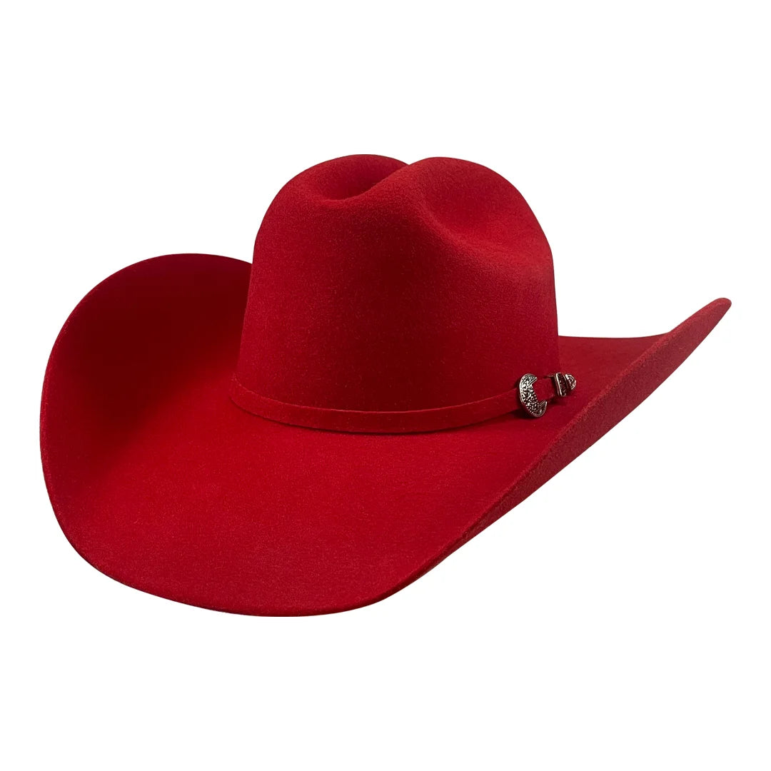 Image of Red cowboy hat with a band on a white background