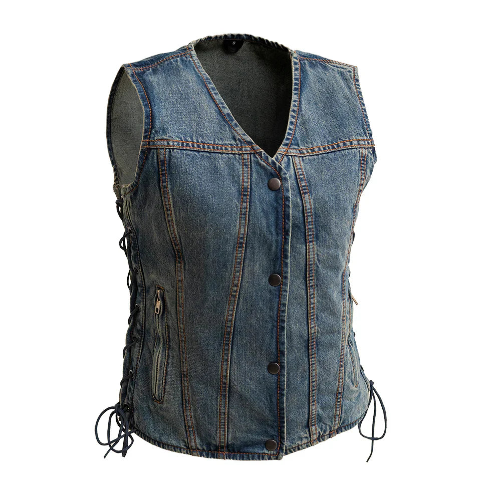 Image of Denim vest with buttons and lace-up sides on a white background