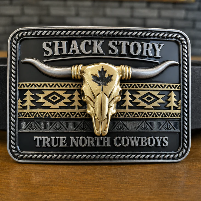 Image of Belt with 'Shack Story True North Cowboys' buckle on a wooden surface