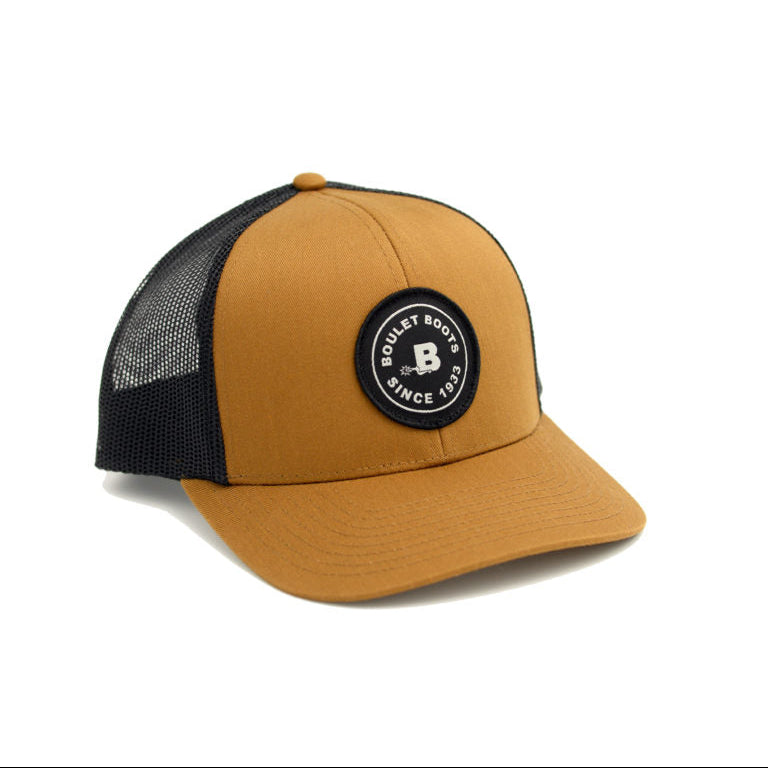 Image of Brown and black cap with a logo on a white background