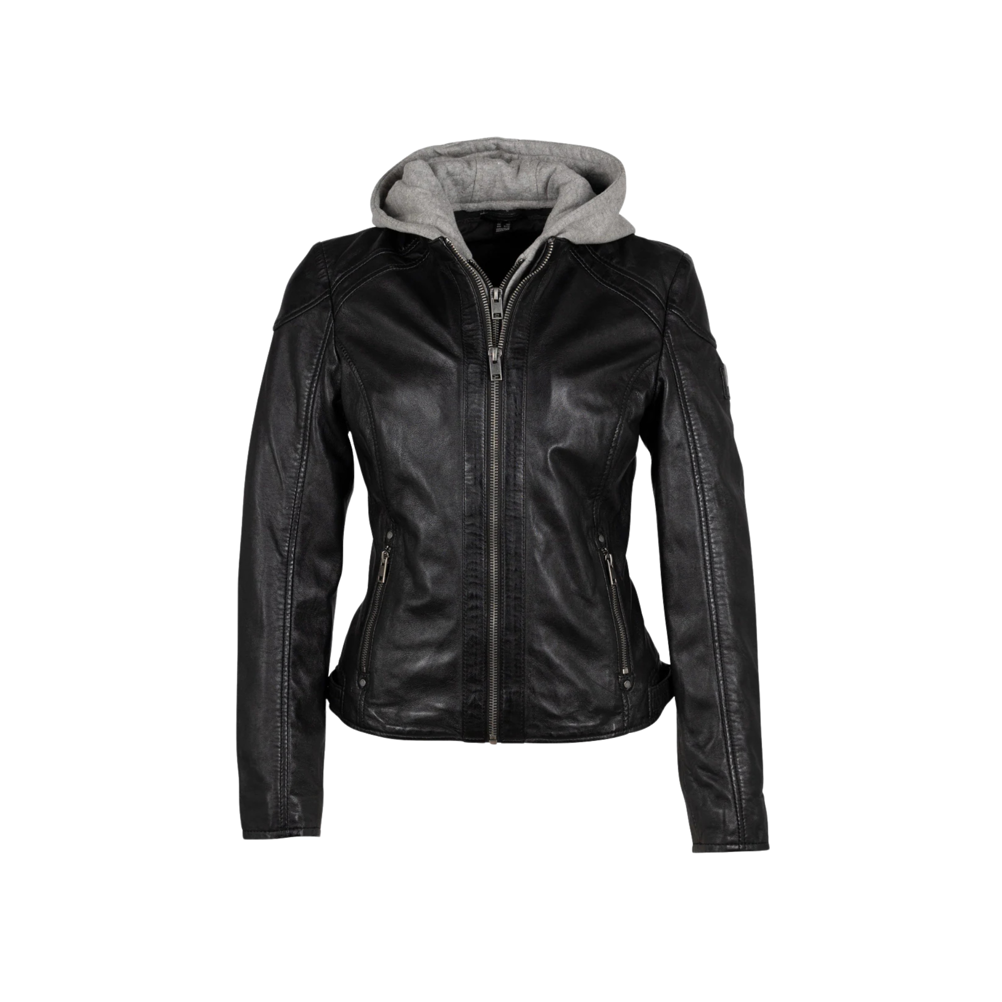 Image of Black leather jacket with gray hoodie on a white background
