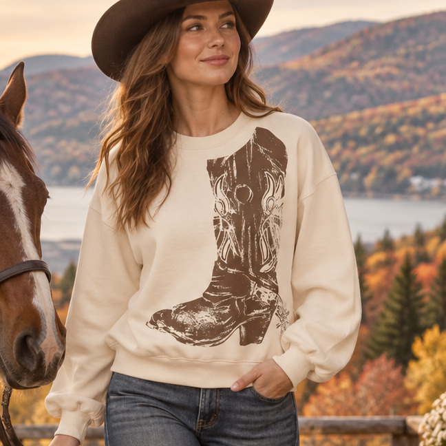 Image of A woman wearing a cream sweatshirt with a brown cowboy boot graphic, blue jeans, and a black cowboy hat walks alongside a brown horse in an outdoor autumn setting near a log cabin.