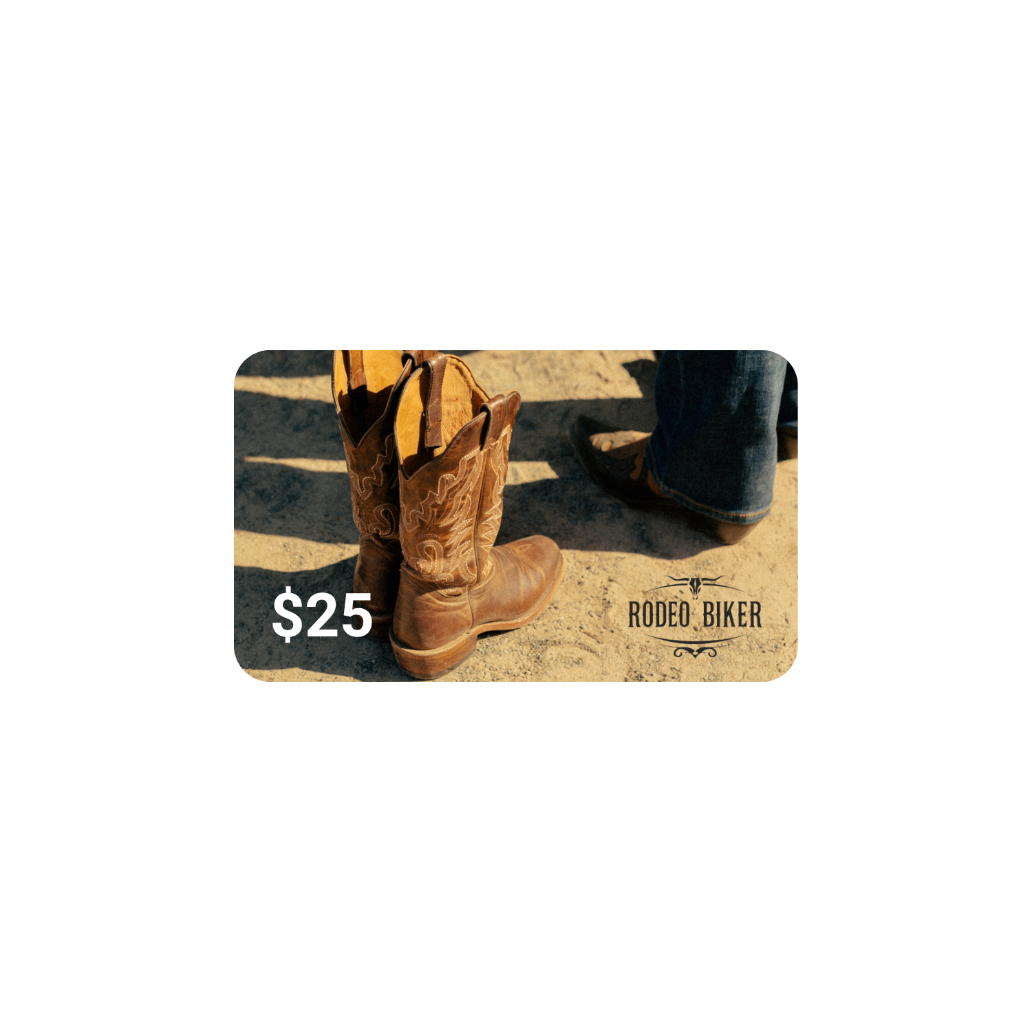 Image of Gift card with brown cowboy boots and '$25' displayed on a white background