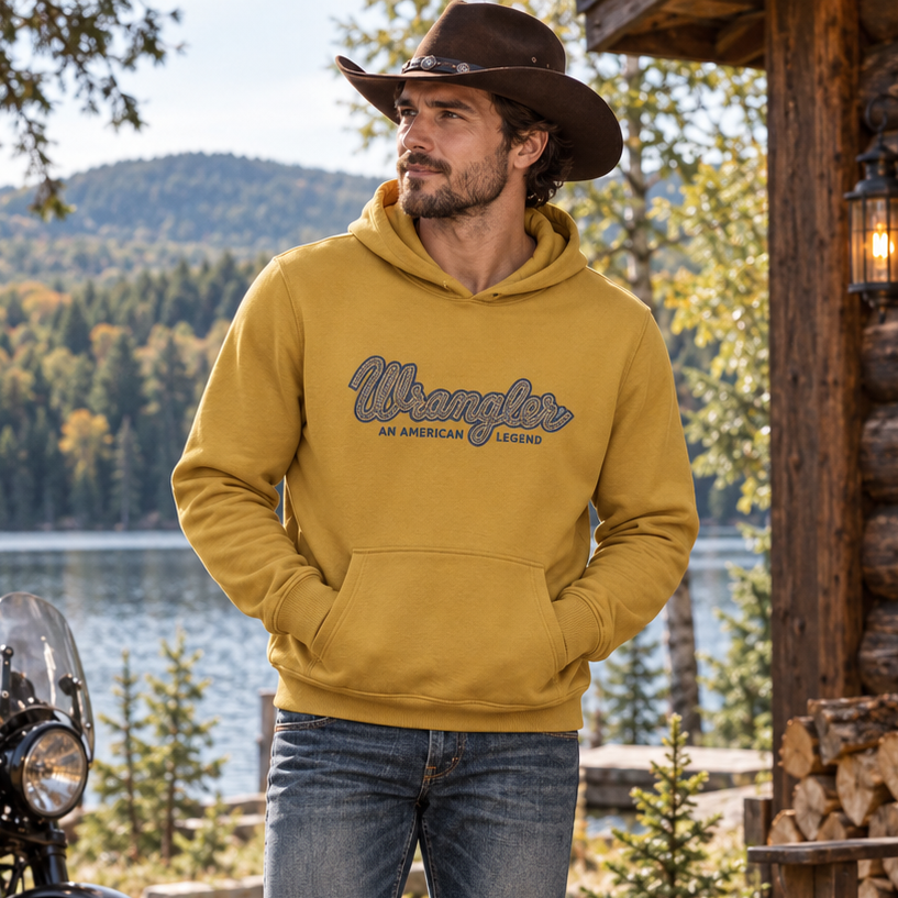 Image of A man wearing a mustard yellow Wrangler hoodie, blue jeans, and a brown cowboy hat stands on a rustic cabin porch next to a motorcycle, with a lake and forest in the background.