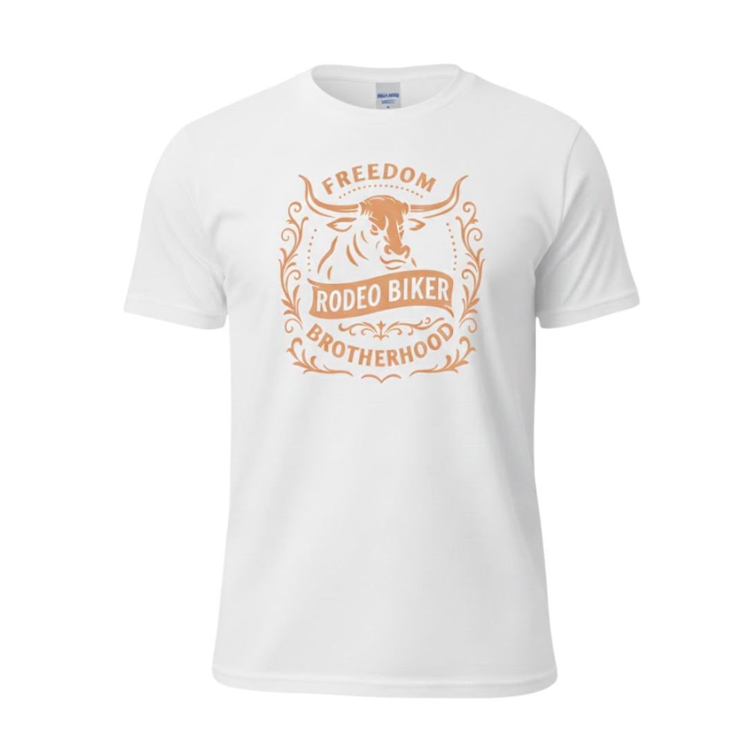 Image of White t-shirt with 'Freedom Rodeo Biker Brotherhood' design on a white background