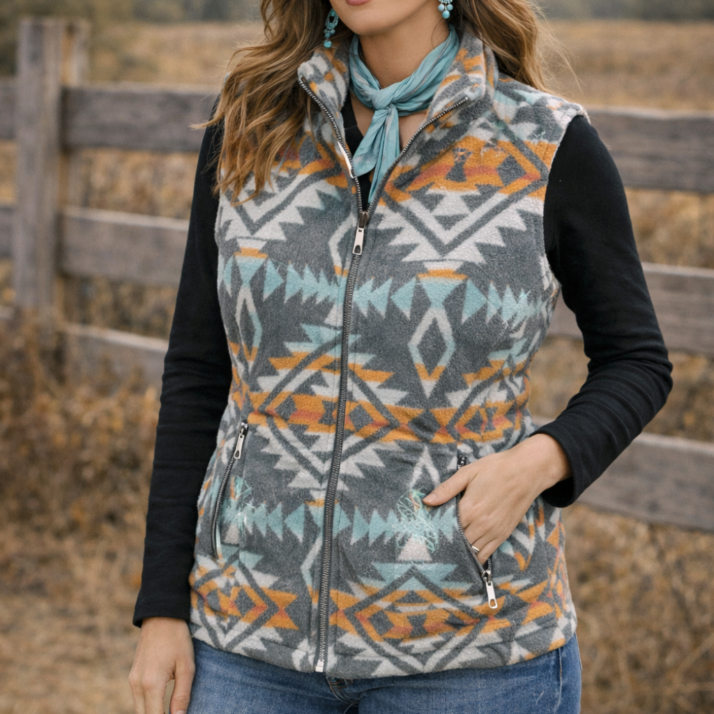 Image of Gilet Western Femme Doublé Sherpa – Motif Aztèque