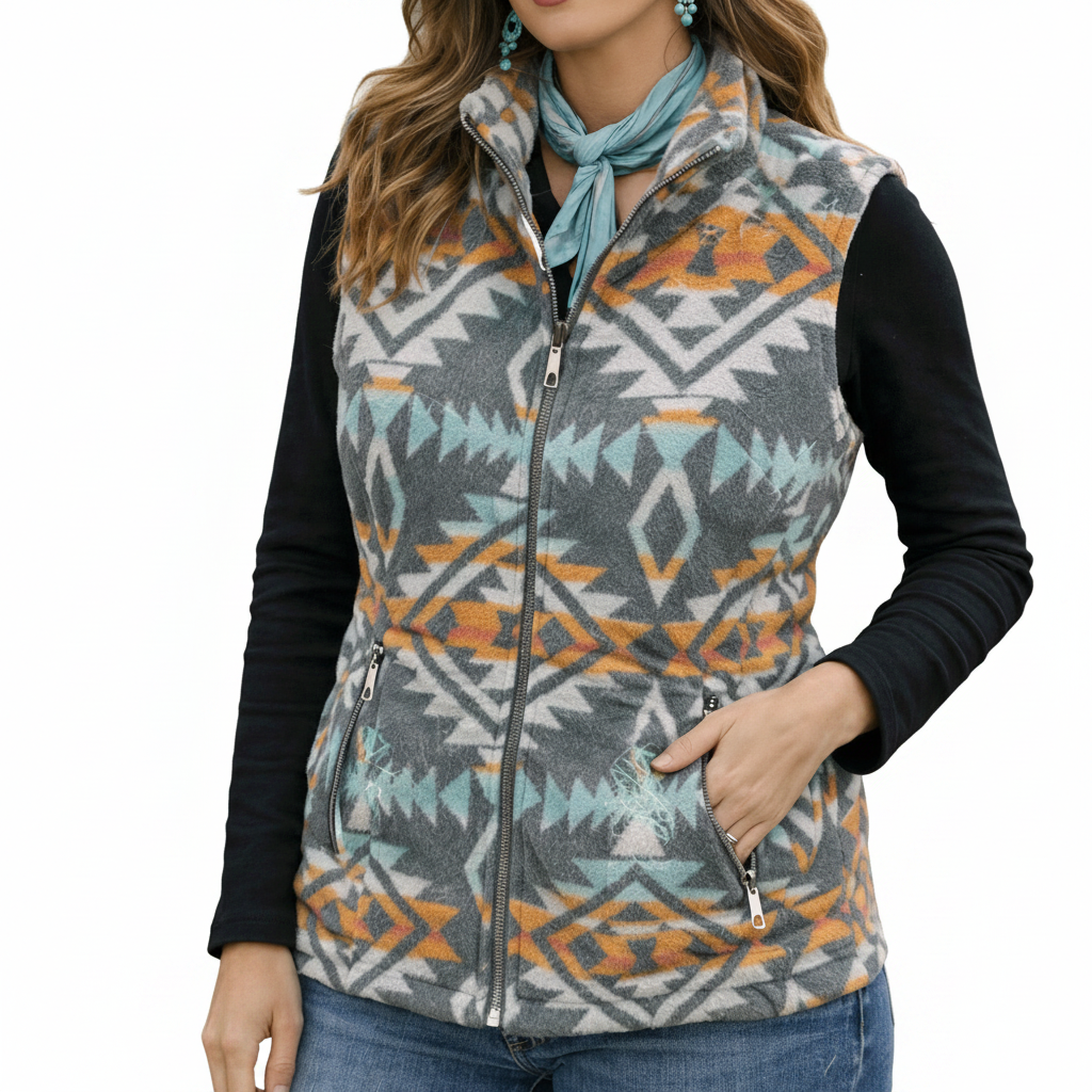 Image of Gilet Western Femme Doublé Sherpa – Motif Aztèque