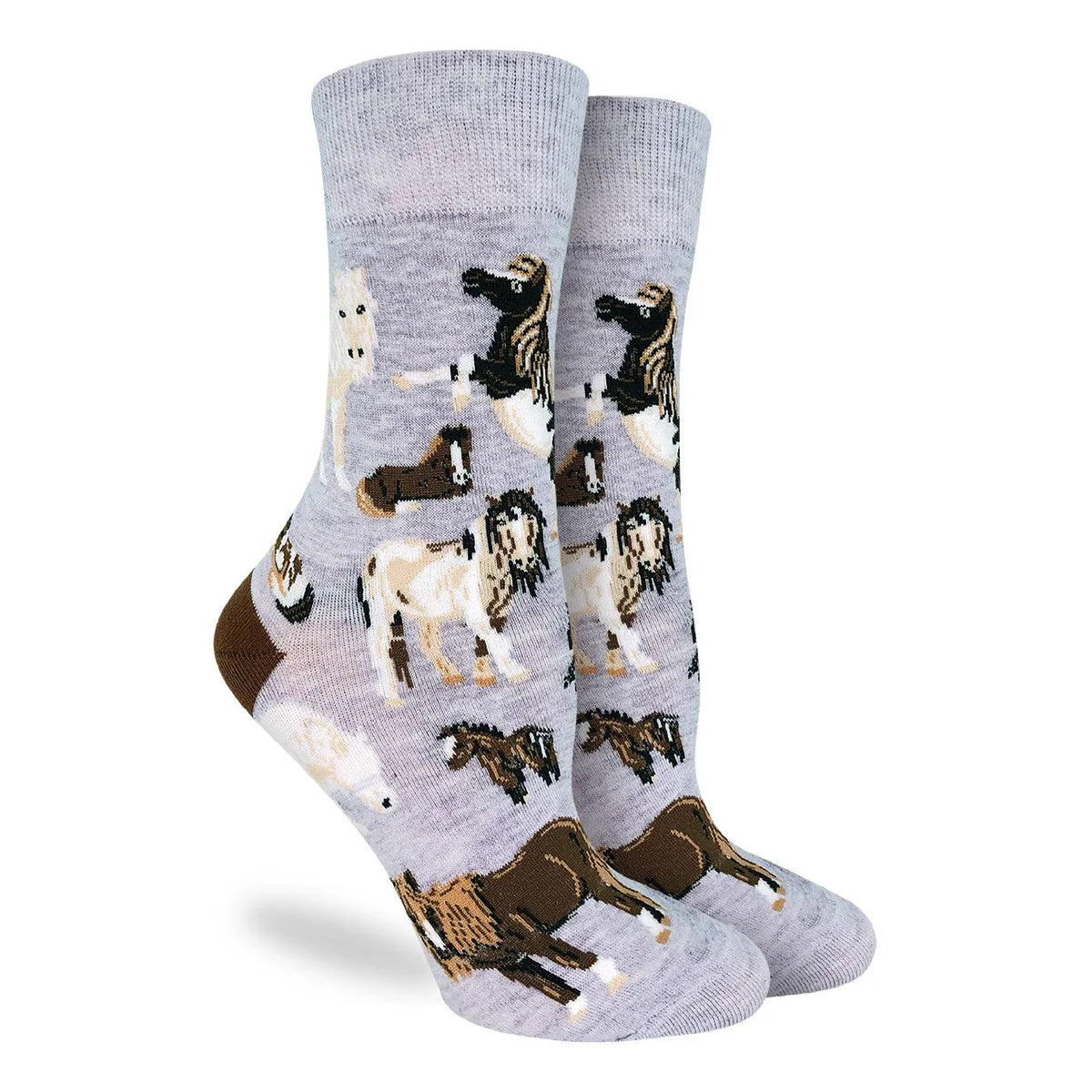 Image of Women’s light heather grey socks with an all over pony print for a charming and playful everyday style.
