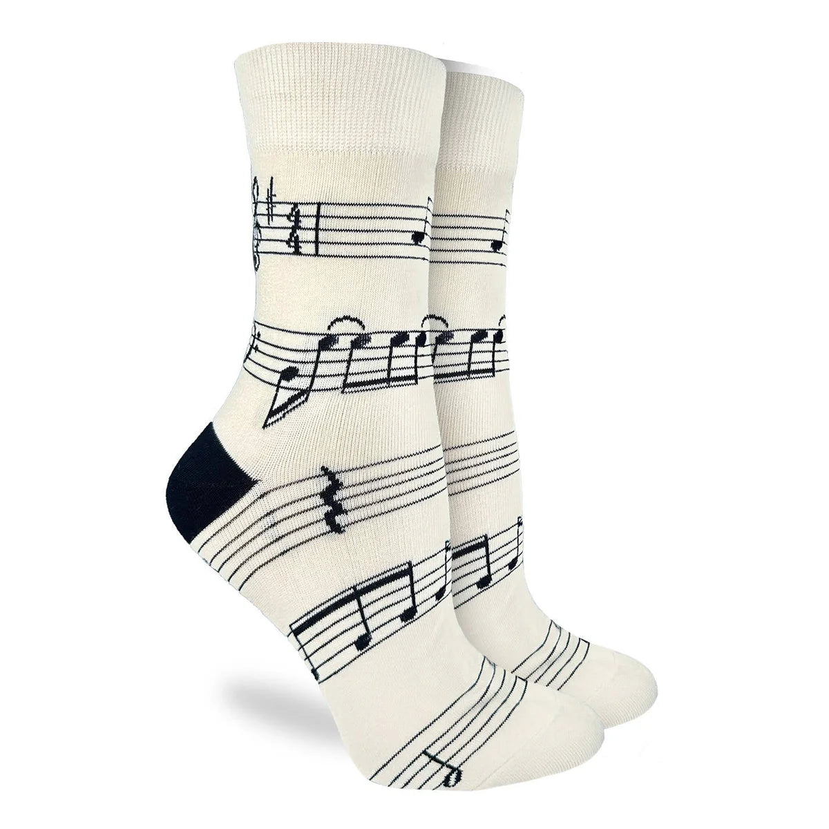 Image of Women’s ivory socks with an all over sheet music print for a refined and artistic everyday style.