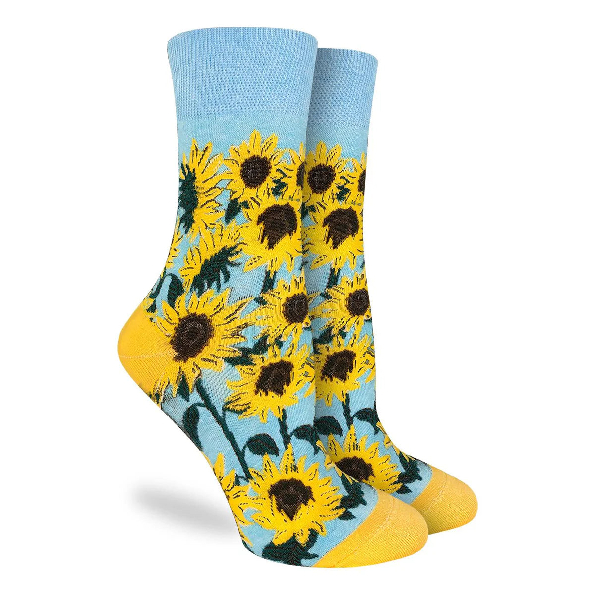 Image of Women’s sky blue socks with an all over sunflower print and yellow accents for a bright, playful everyday style.