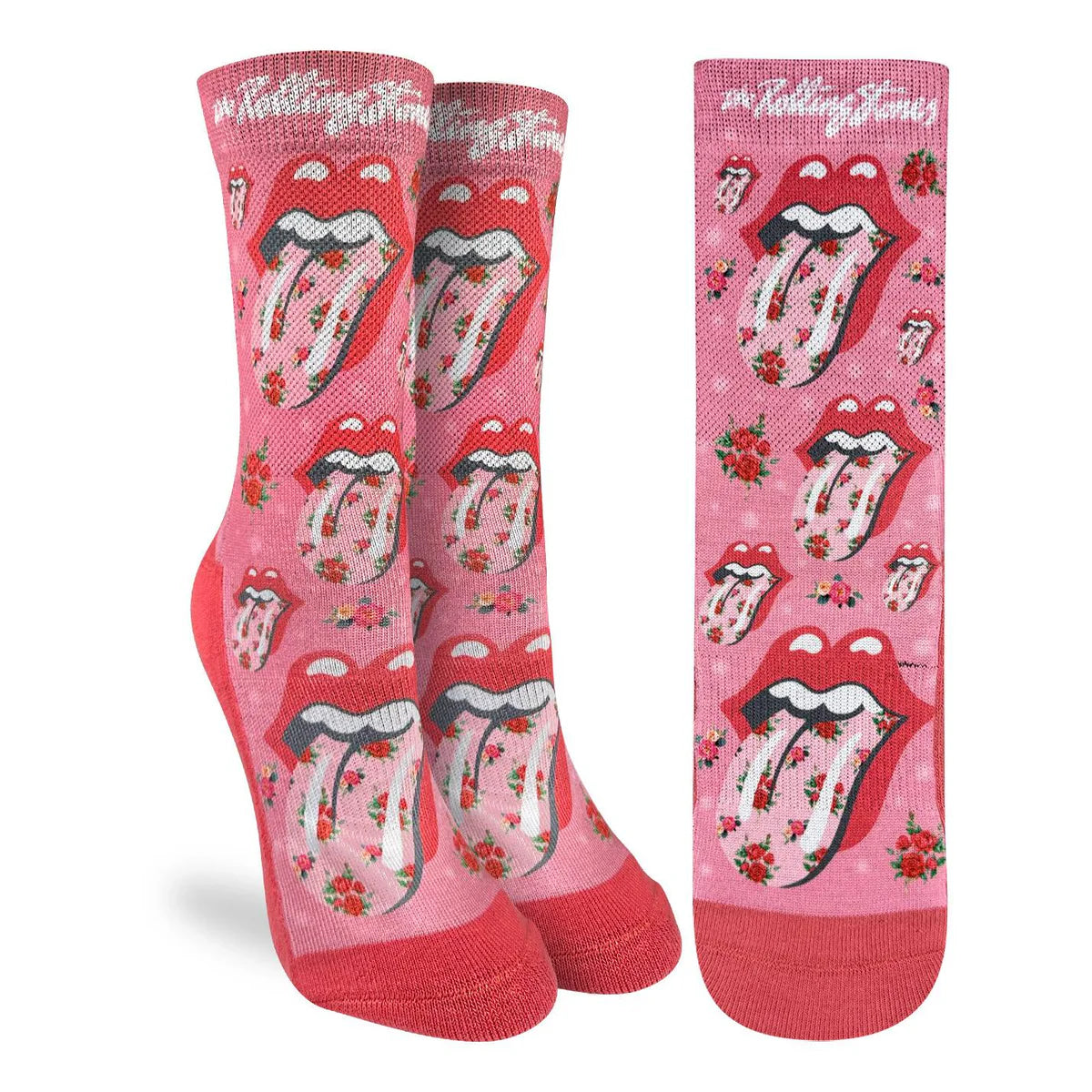 Image of Women’s pink socks with an all over floral Rolling Stones tongue print for a playful and iconic rock style.
