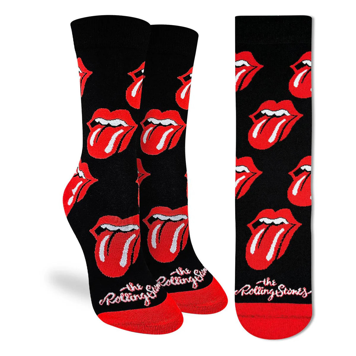 Image of Women’s black socks with an all over Rolling Stones tongue print and red accents for an iconic rock style.