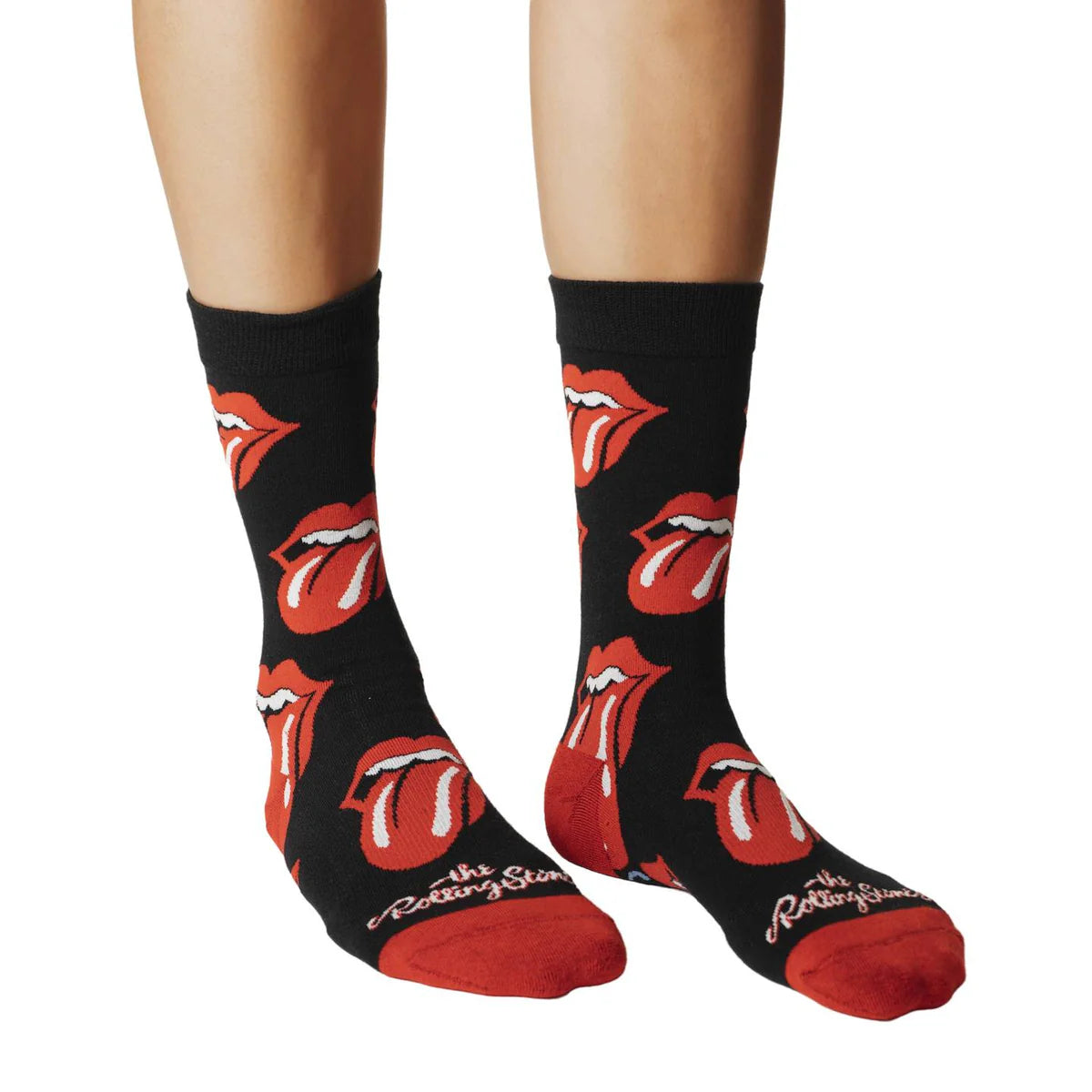 Image of Women’s black socks with the iconic red Rolling Stones tongue logo, shown worn for a bold rock inspired look.