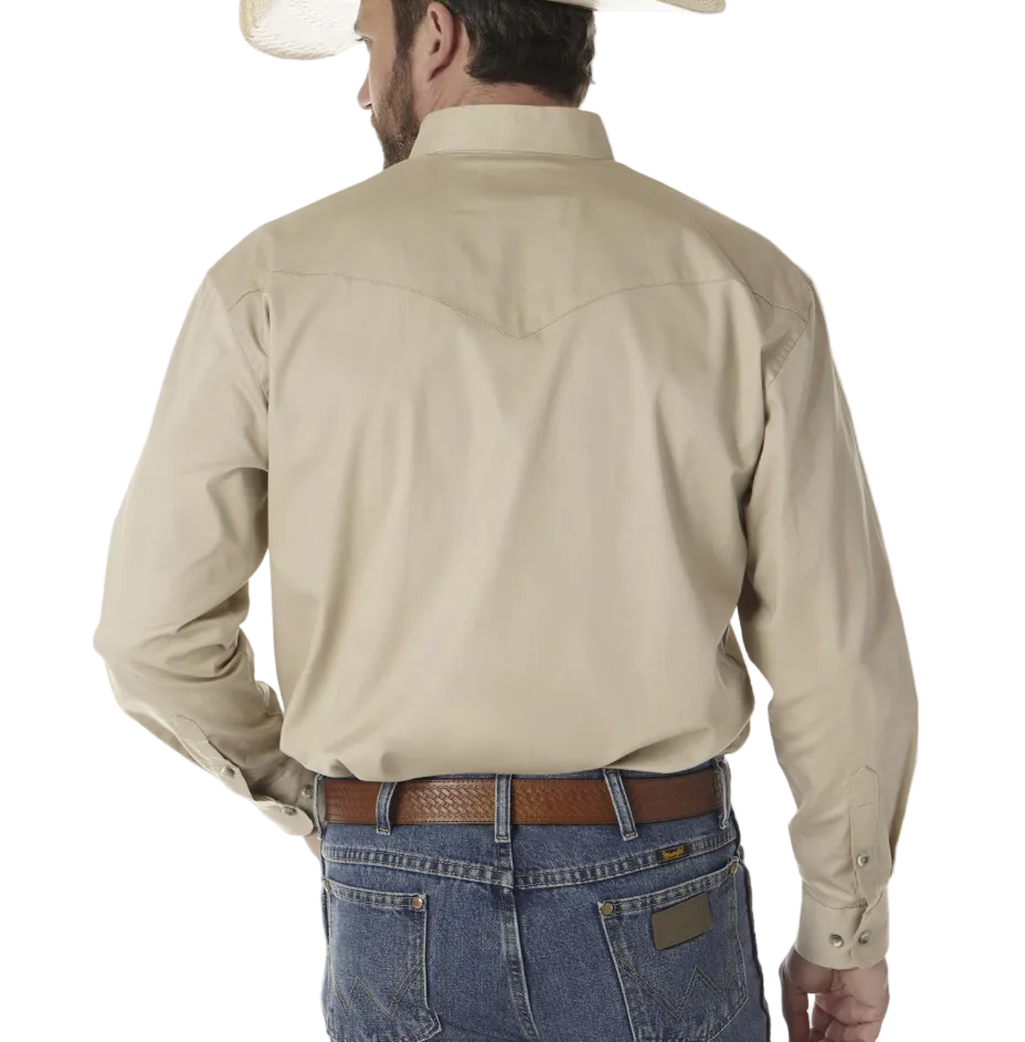 Image of A man viewed from the back wearing a light beige western-style long-sleeve button-down shirt, blue jeans, a brown leather belt, and a white cowboy hat against a light gray studio background.