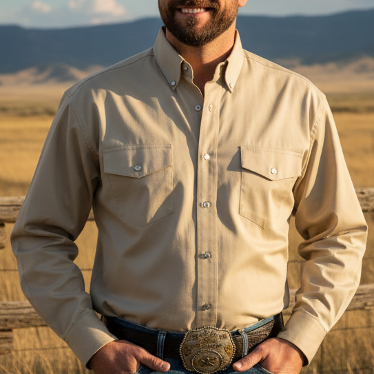 Image of A man wearing a beige western-style long-sleeve button-down shirt with two chest pockets, paired with blue jeans and a large silver belt buckle, against a light gray studio background.