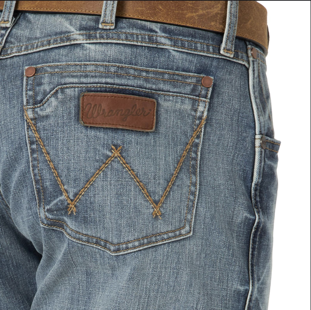 Image of Close-up of a Wrangler jeans pocket with brand logo.