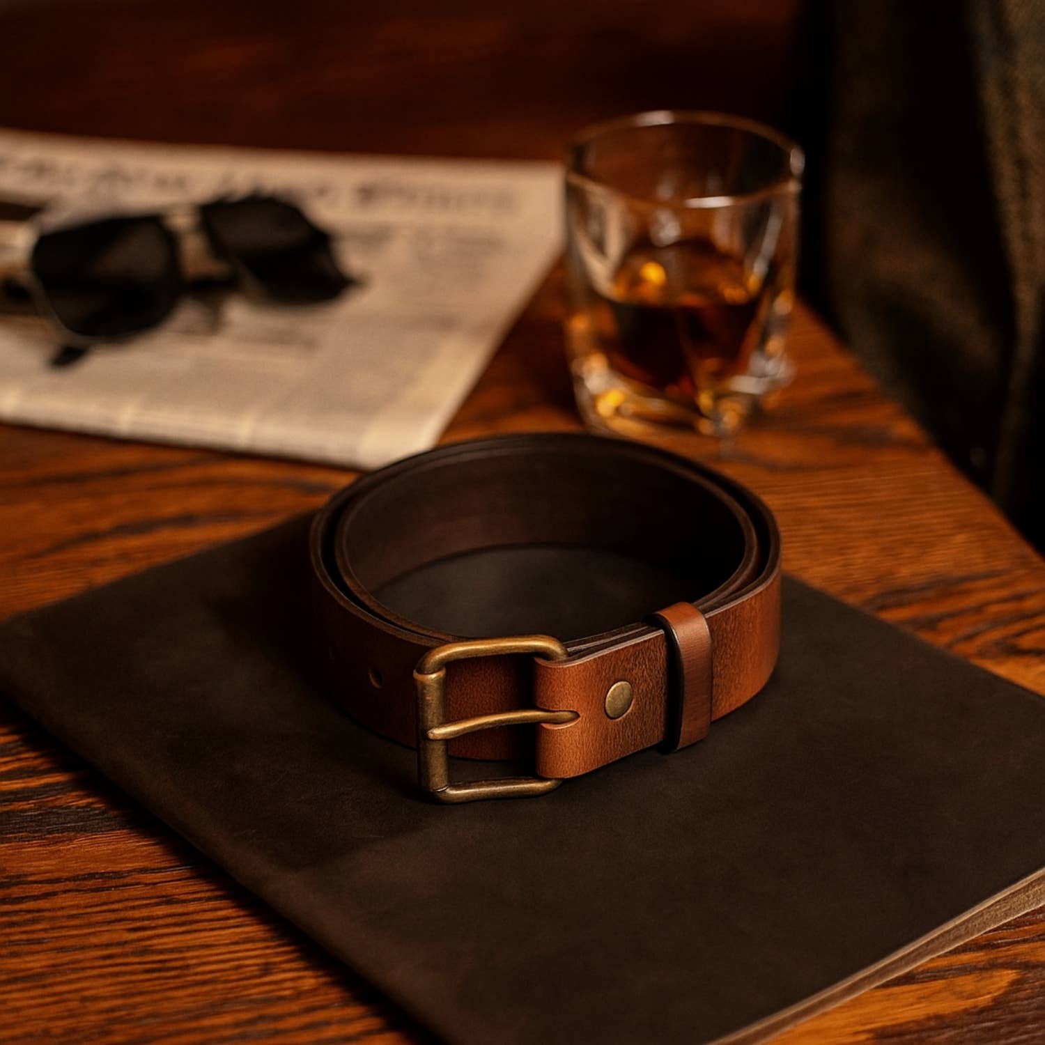 Image of Ceinture brune robuste en cuir pleine fleur avec boucle en laiton amovible