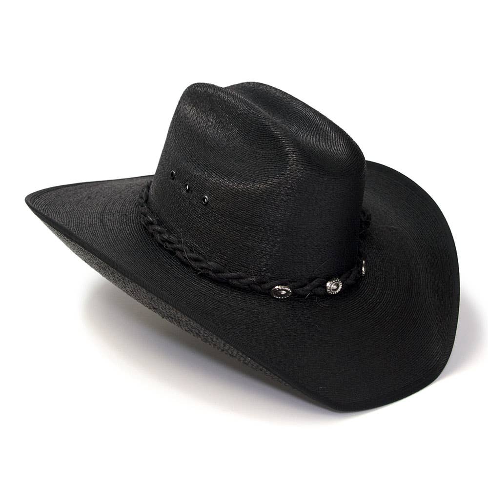 Image of Black Palm Straw Western Hat with Cattleman Crease and Upturned Brim