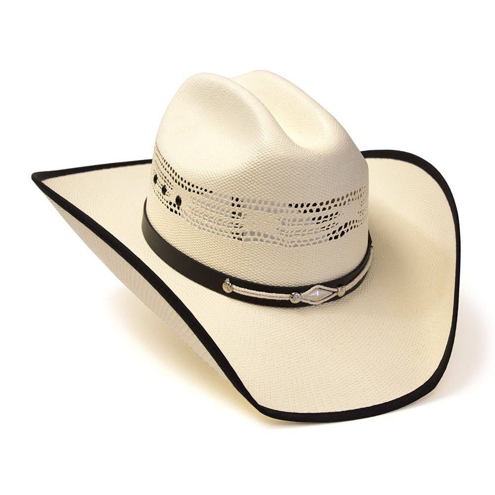 Image of Chapeau western en paille Bangora beige avec bordure noire et bandeau en cuir