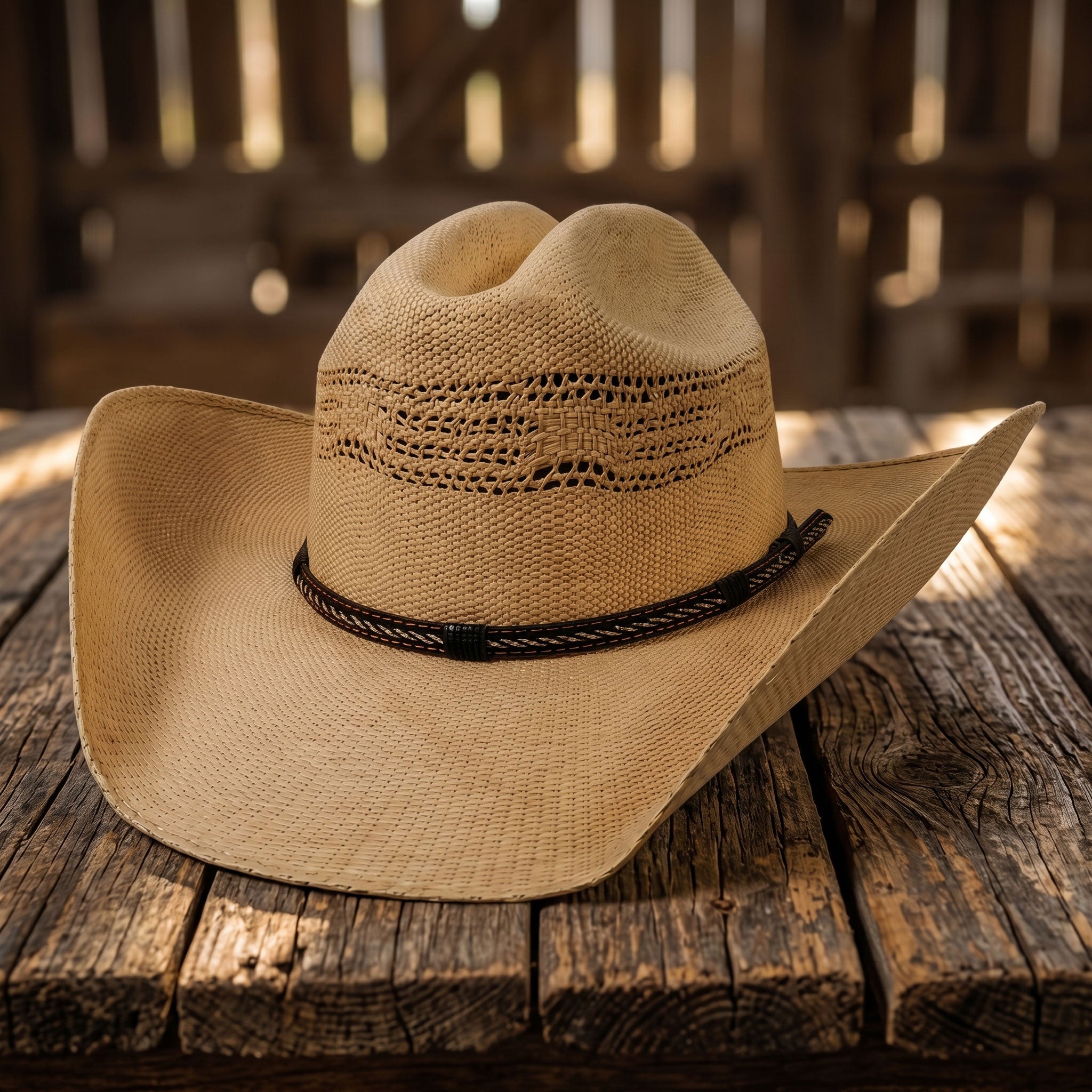 Image of Beige cowboy hat with a black band on a wooden surface