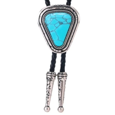 Image of Turquoise stone bolo tie with silver accents on a white background