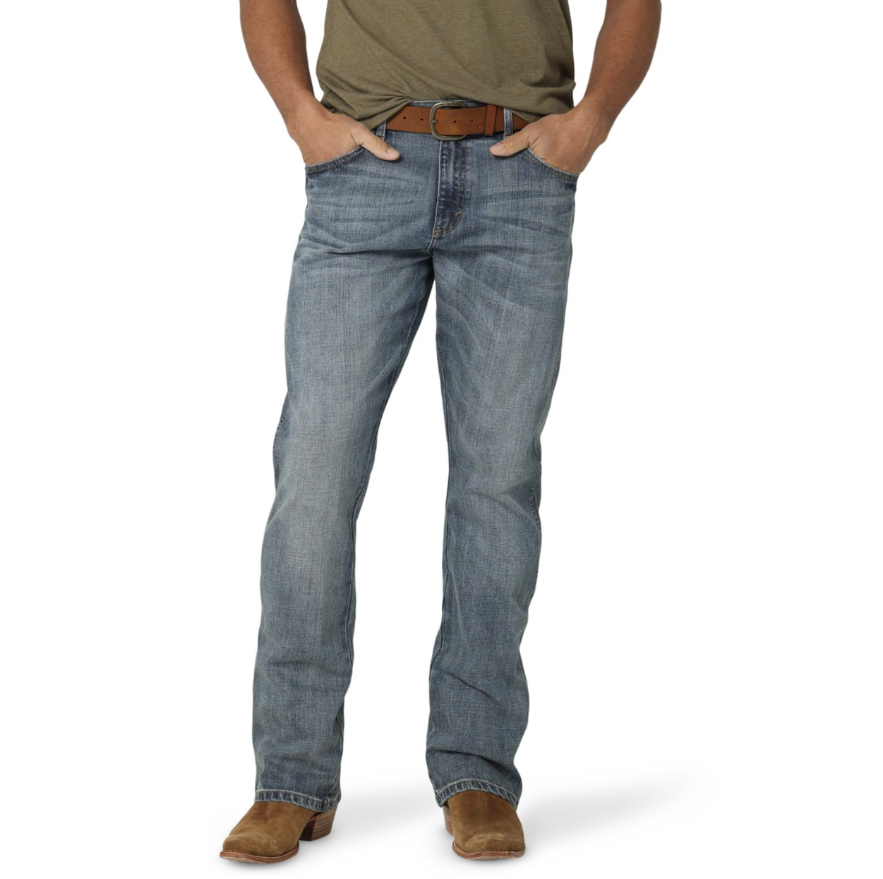 Image of Person wearing blue jeans and brown boots on a white background