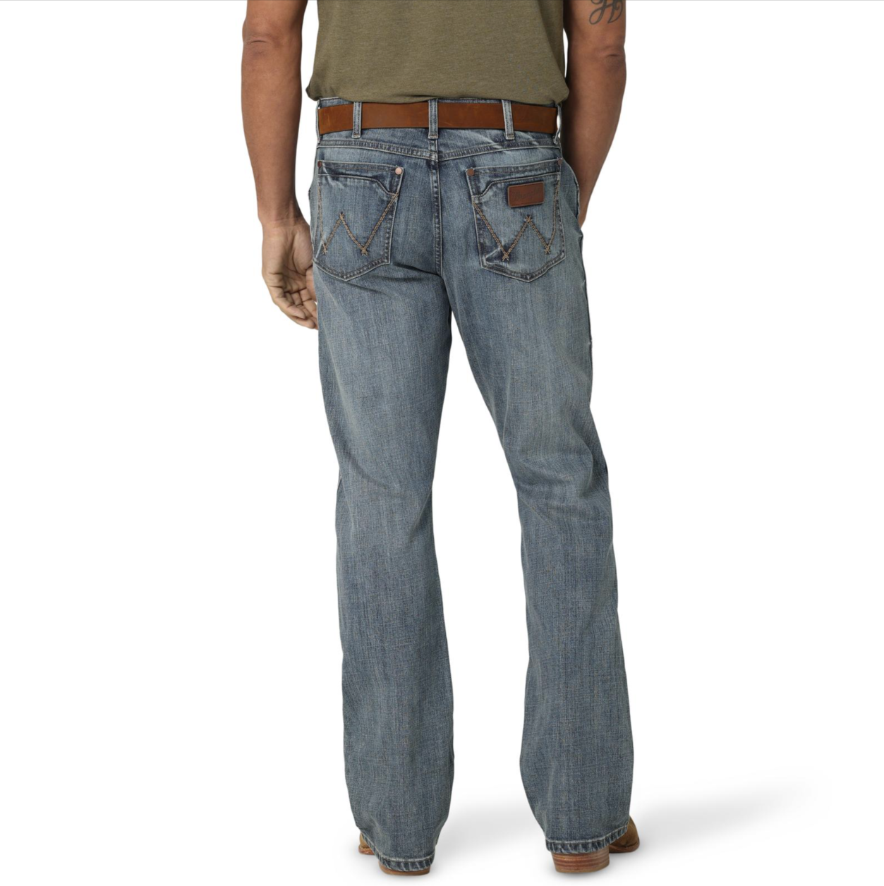 Image of Blue jeans worn by a person on a white background