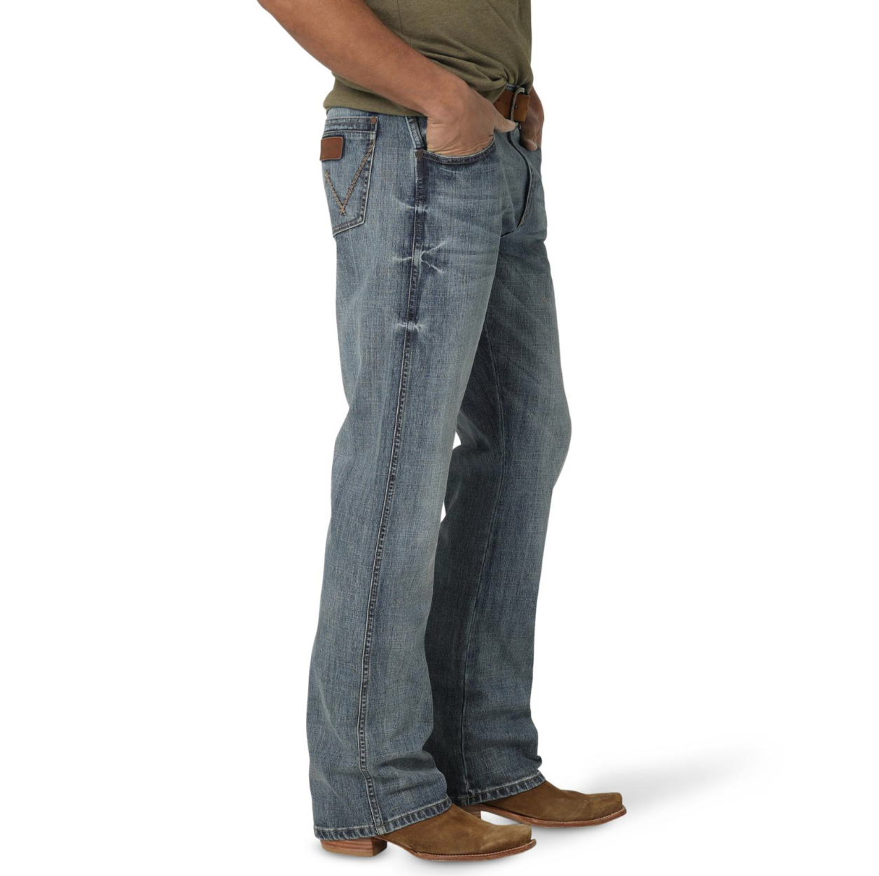 Image of Person wearing blue jeans and brown boots on a white background